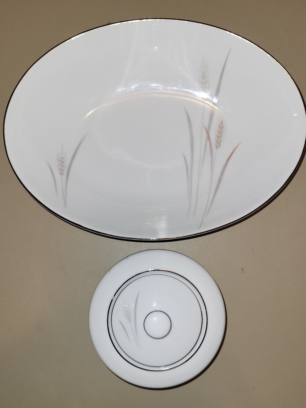 China Of Japan White Porcelain Platinum Wheat Sugar Bowl and 10" oval bowl.
